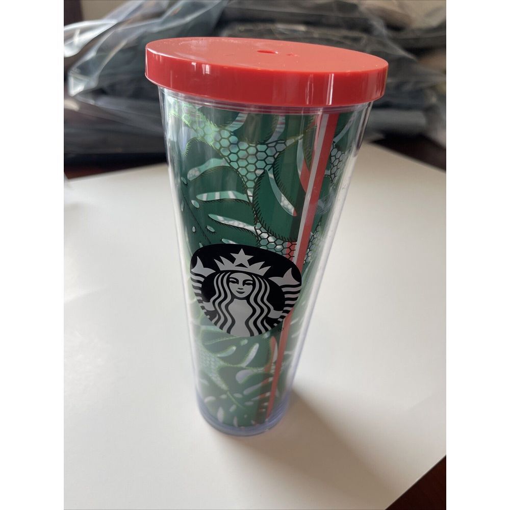 Starbucks Venti Green Monstera Tropical Leaves Lace Fishnet‎ Tumbler 24 oz